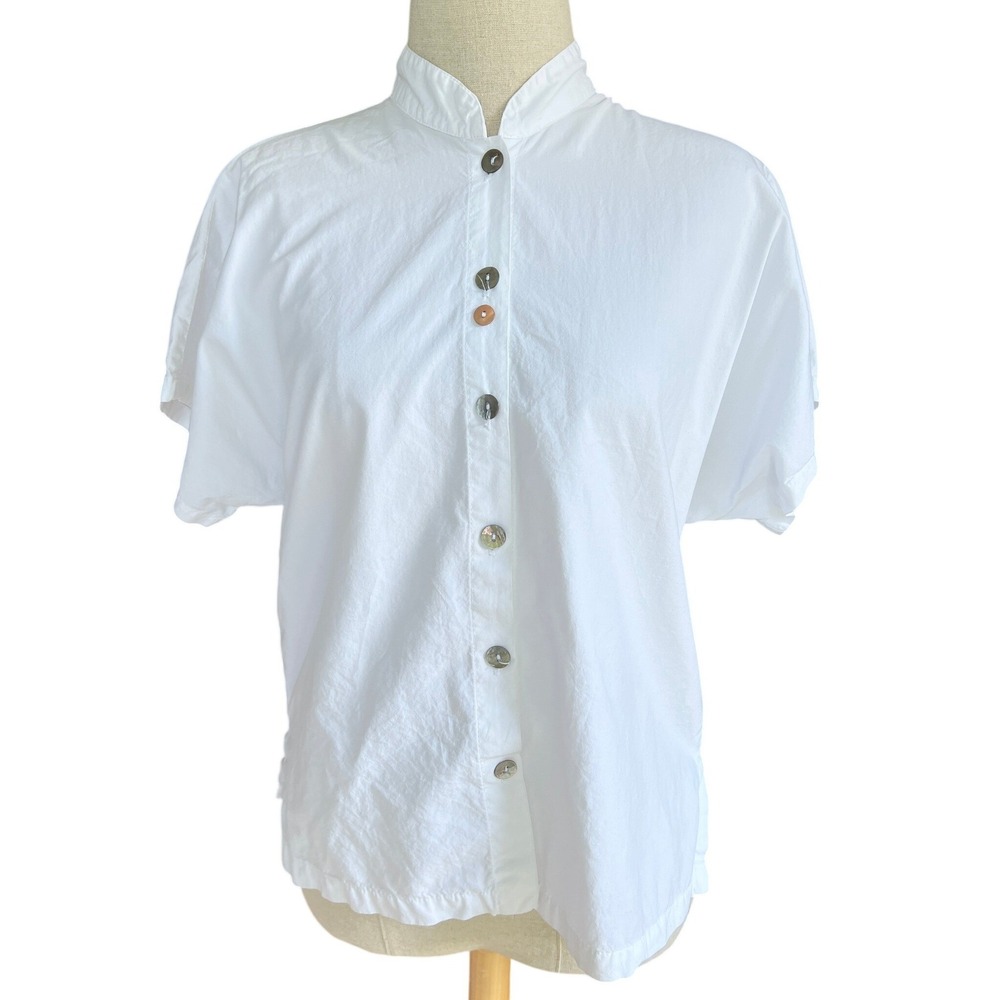 Eleven Stitch Design Shirt M White Cotton Button Down Top USA Lagenlook Coastal